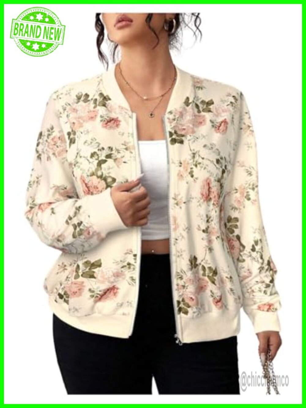 Plus Size Floral Printed Bomber Jacket Zip Up Long Sleeve Varsity